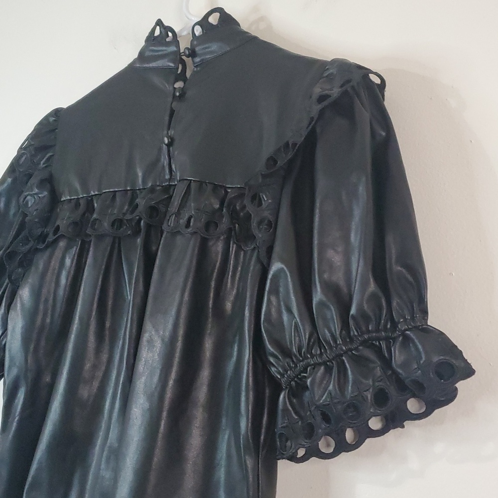 Stellah Faux Leather Eyelet Trim Black Blouse Top Size Med Edgy Whimsigoth - Picture 10 of 13